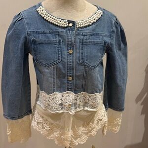 W.T.Y Pearl Collar Denim Jacket M with Lace Trim
